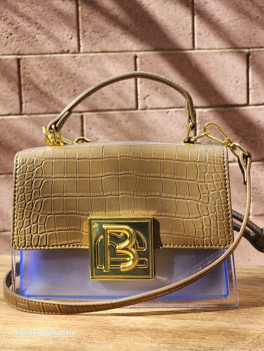 Chic Women's Crocodile-Embossed Clear Taupe Top-Handle Bag